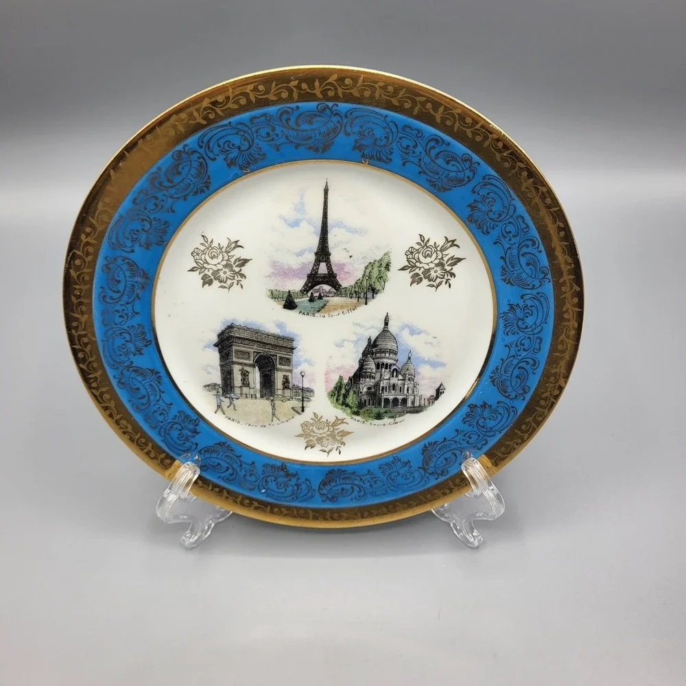 Limoges Decorative Plate Paris Landmarks Eiffel Tower Gold Turquoise Blue France